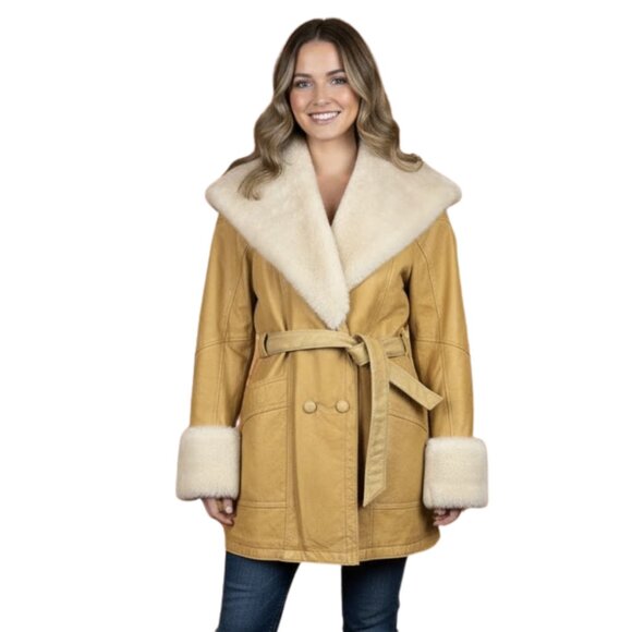 Wilsons Leather Jackets & Blazers - Wilson's Vintage Penny Lane Shearling Fur Trim Hooded Camel Leather Coat S Boho